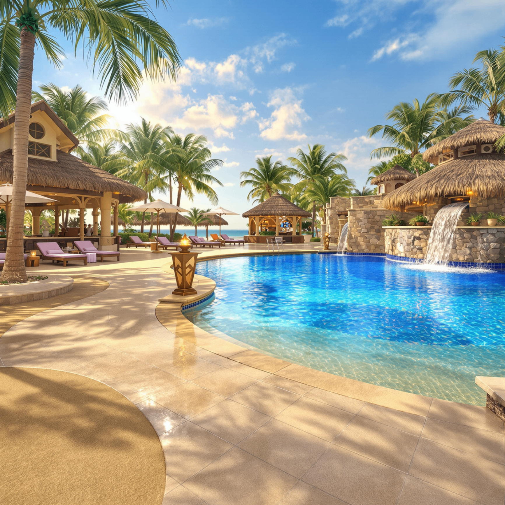 Tropical resort pool with thatched cabanas and waterfalls