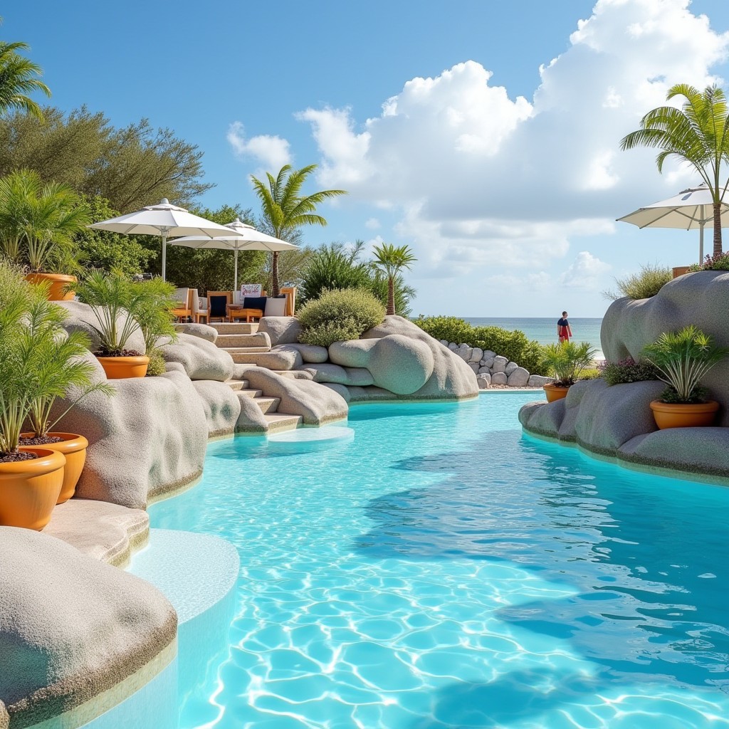 Beach-entry pool with rock landscaping and ocean view